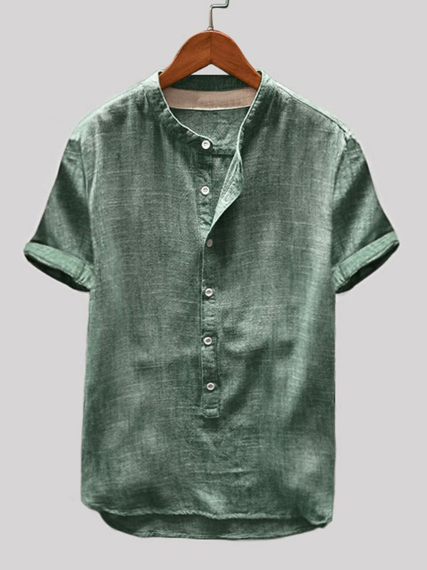 Cotton Linen Vintage Solid Stand Collar Casual Henley Shirt
