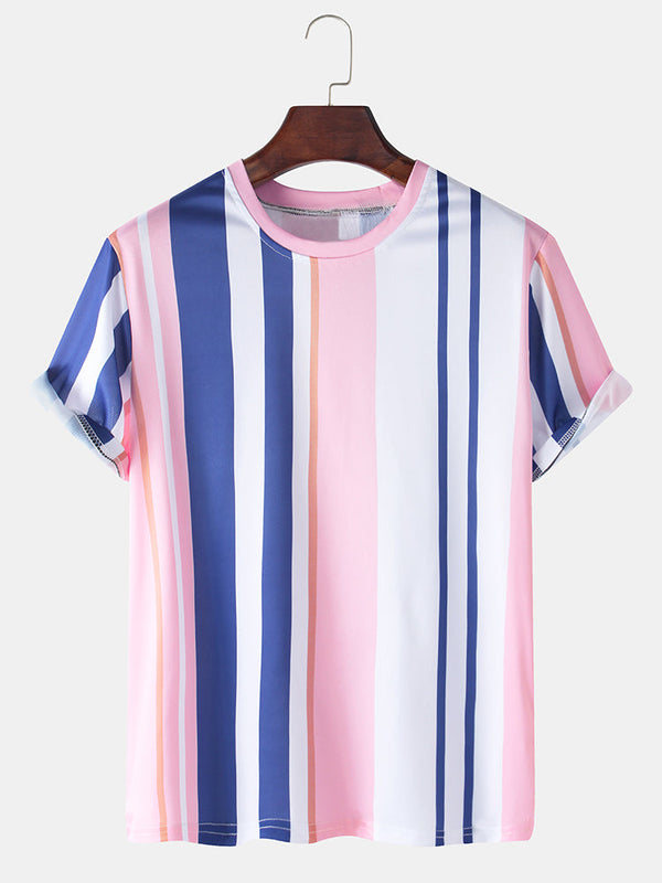Vertical Stripes Print Loose Casual Breathable Round Neck T-Shirts
