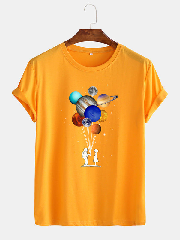 Cotton Astronaut Colorful Planet Print O-Neck Casual T-Shirts