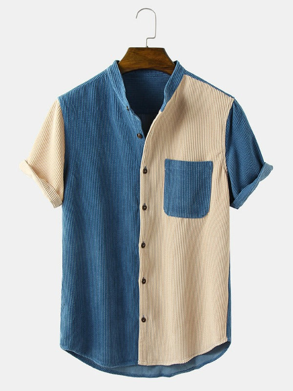 Mens Two Tone Corduroy Splice Stand Collar Shirts
