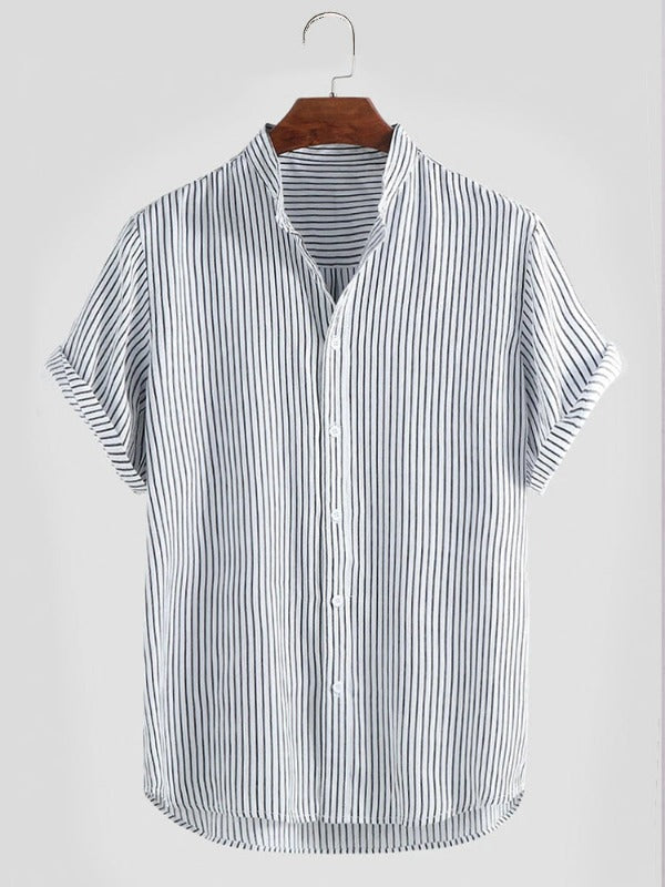 Striped Breathable Stand Collar Short Sleeve Casual Shirts