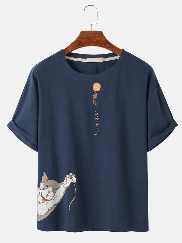 Cotton Cartoon Cat & Japanese Print Solid Loose Light O-Neck T-Shirts