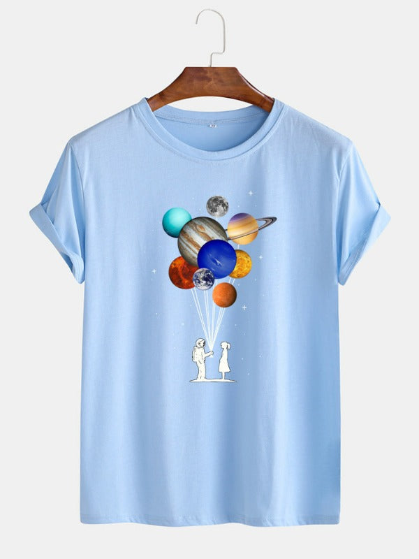 Cotton Astronaut Colorful Planet Print O-Neck Casual T-Shirts