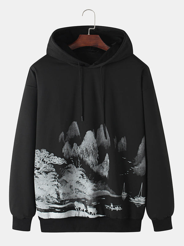 Landscape Painting Print Drawstring Pullover Hoodies