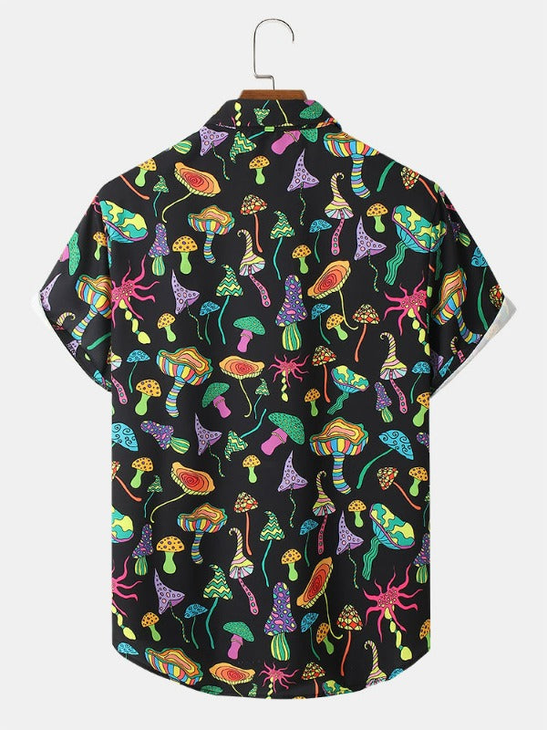 Colorful Mushroom Print Button Up Street Shirts