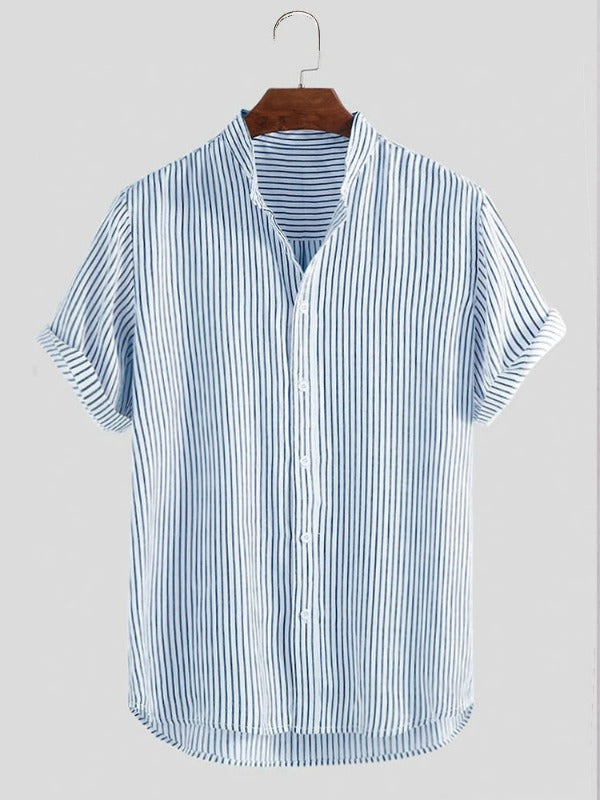 Striped Breathable Stand Collar Short Sleeve Casual Shirts